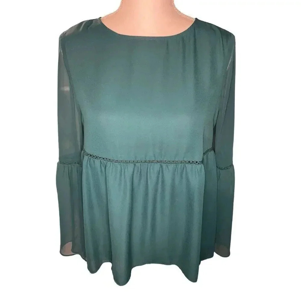 Stylus Women’s Small Bell Sleeve Hi-Low Semi-Sheer Emerald Green Blouse